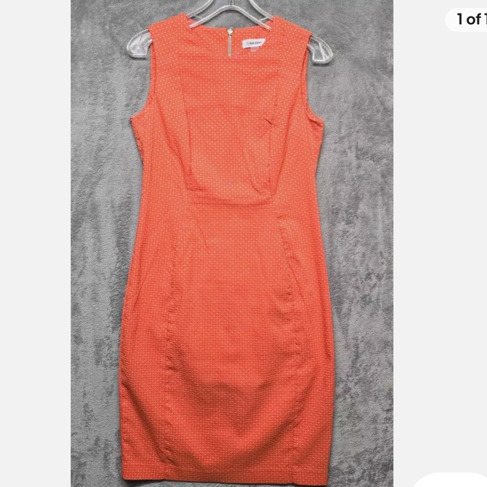 Calvin Klein Dress Womens Size 12p Orange Polka Dot Sheath Sleeveless Career